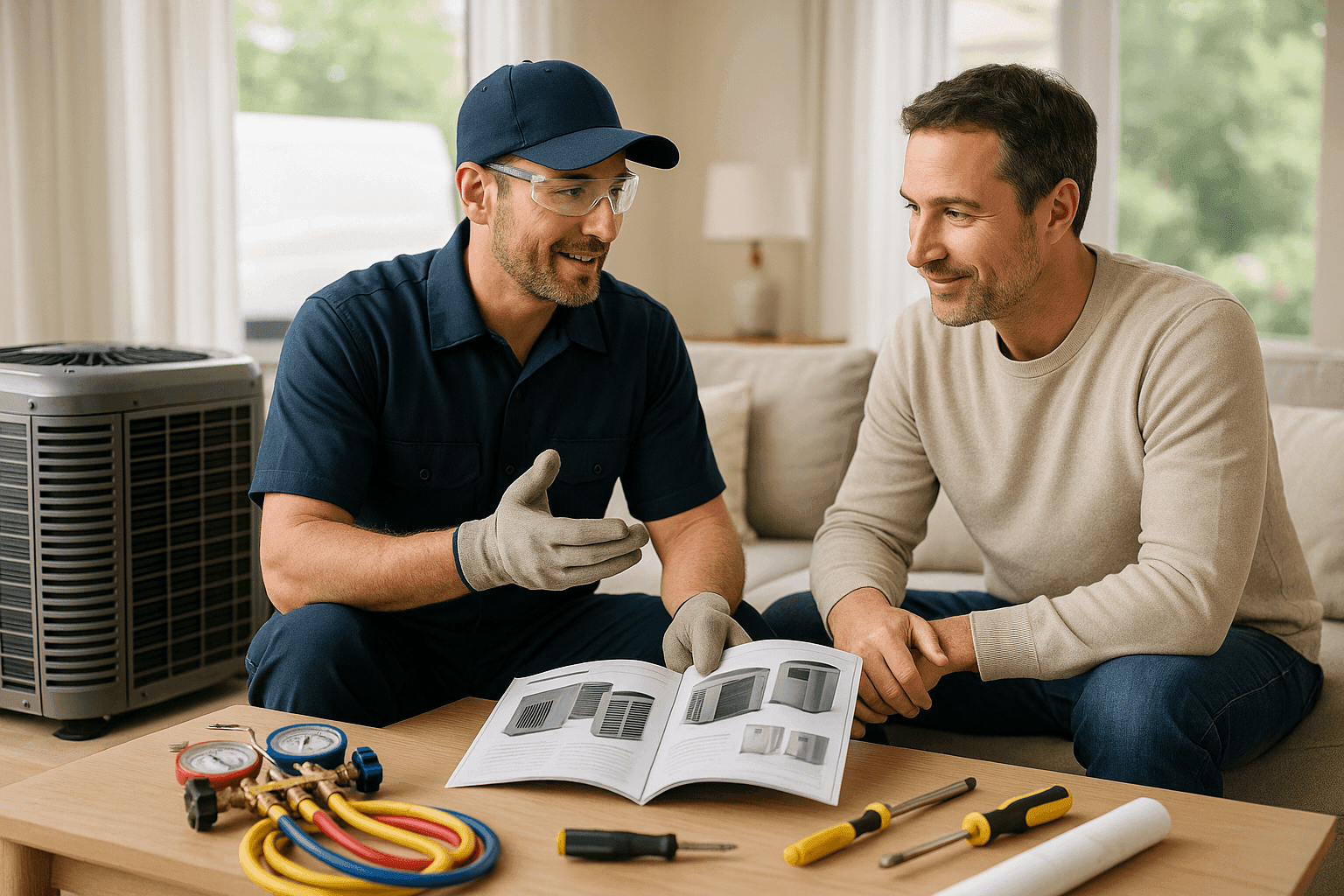 HVAC technician advising homeowner on HVAC system choices