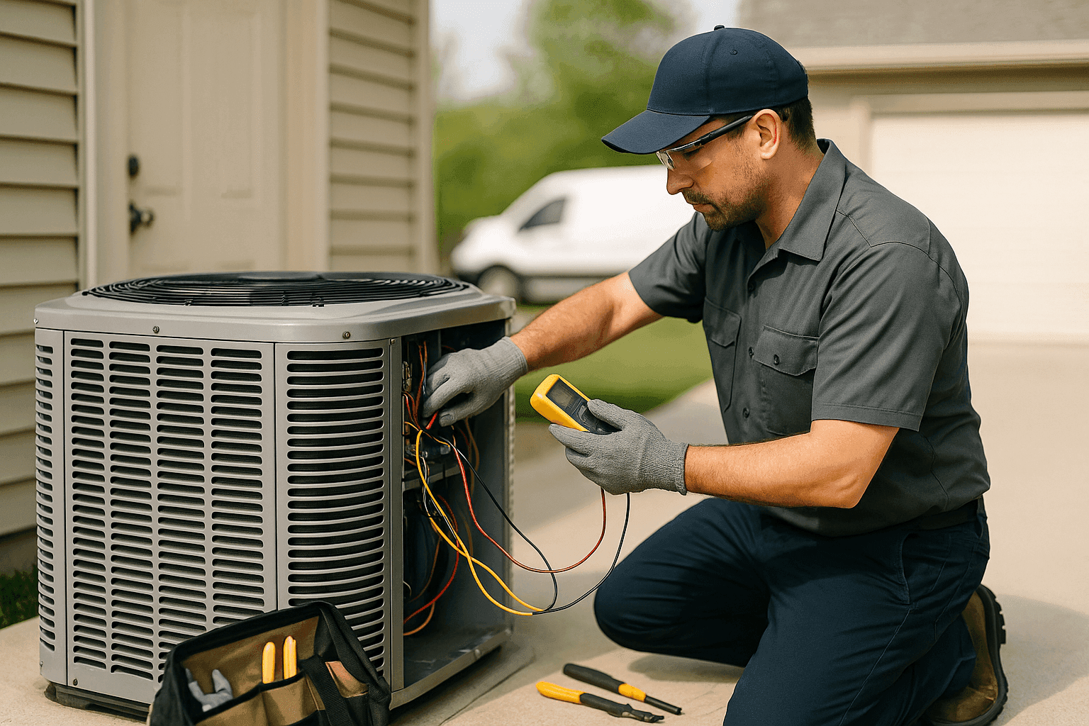 HVAC technician servicing an outdoor air conditioning unit
