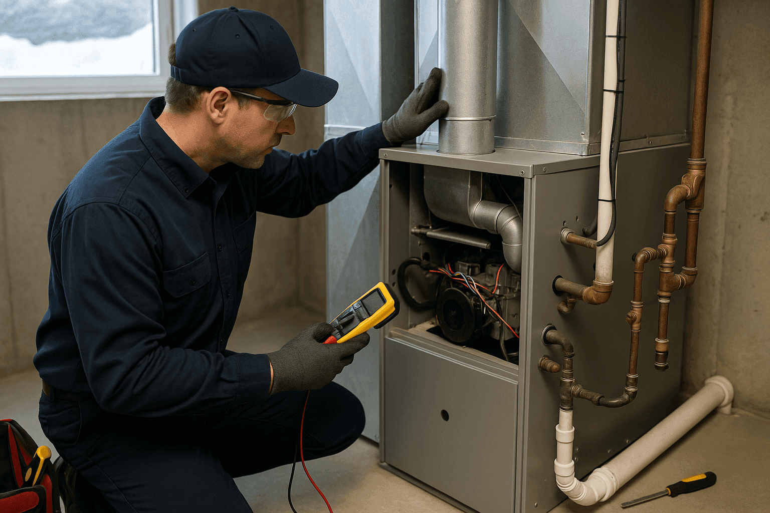 HVAC technician performing furnace inspection in a home basement for winter readiness