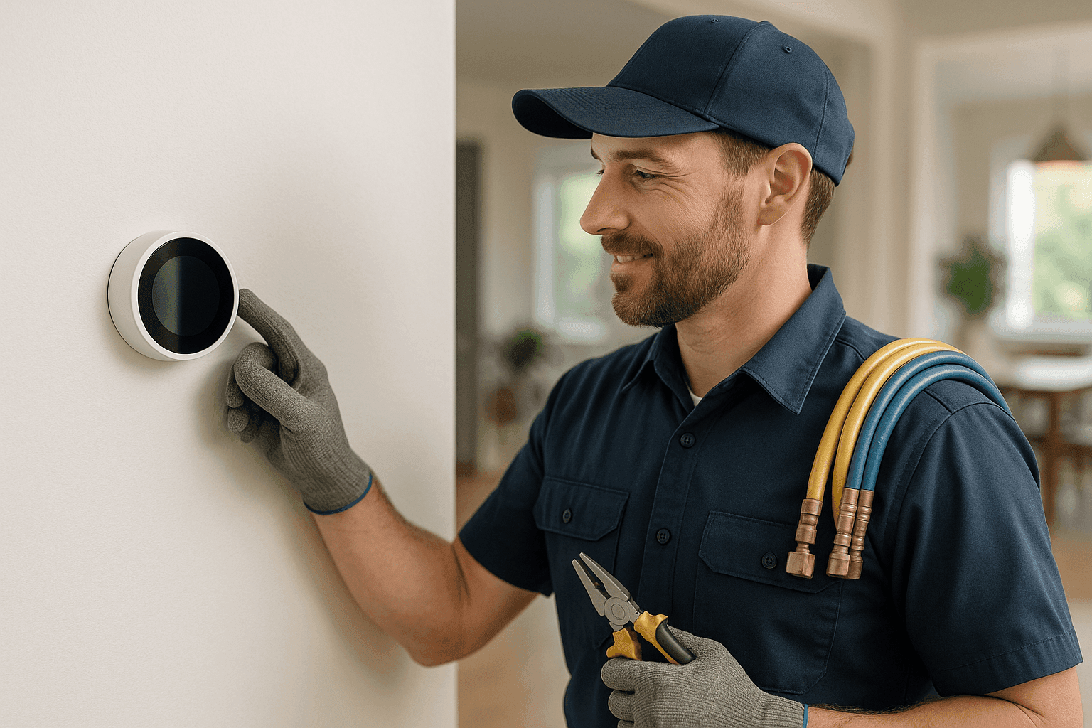 HVAC technician adjusting a smart thermostat for energy efficiency in a residential setting