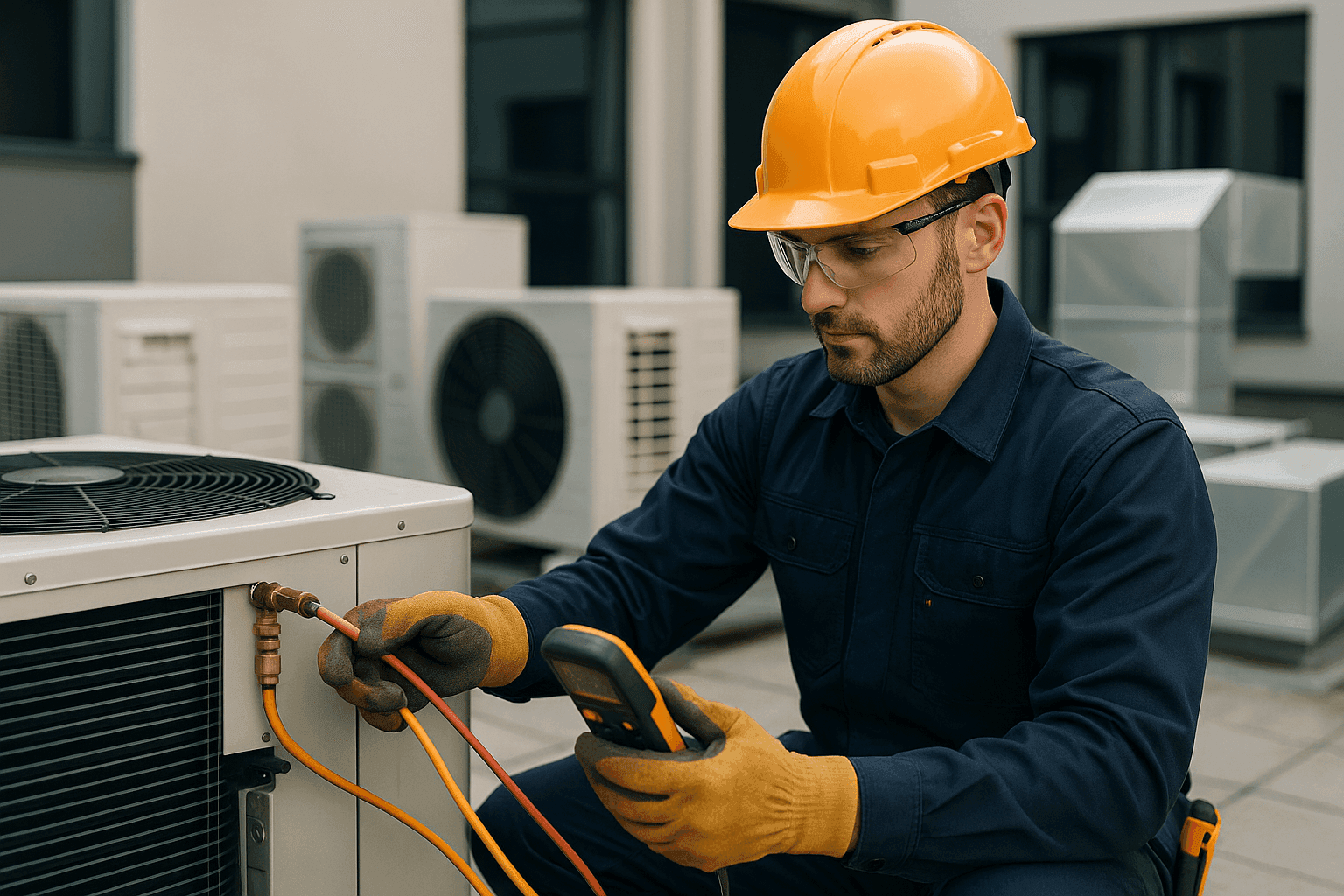 HVAC technician in PPE working on HVAC components at a clean commercial building site in Mar-Mac