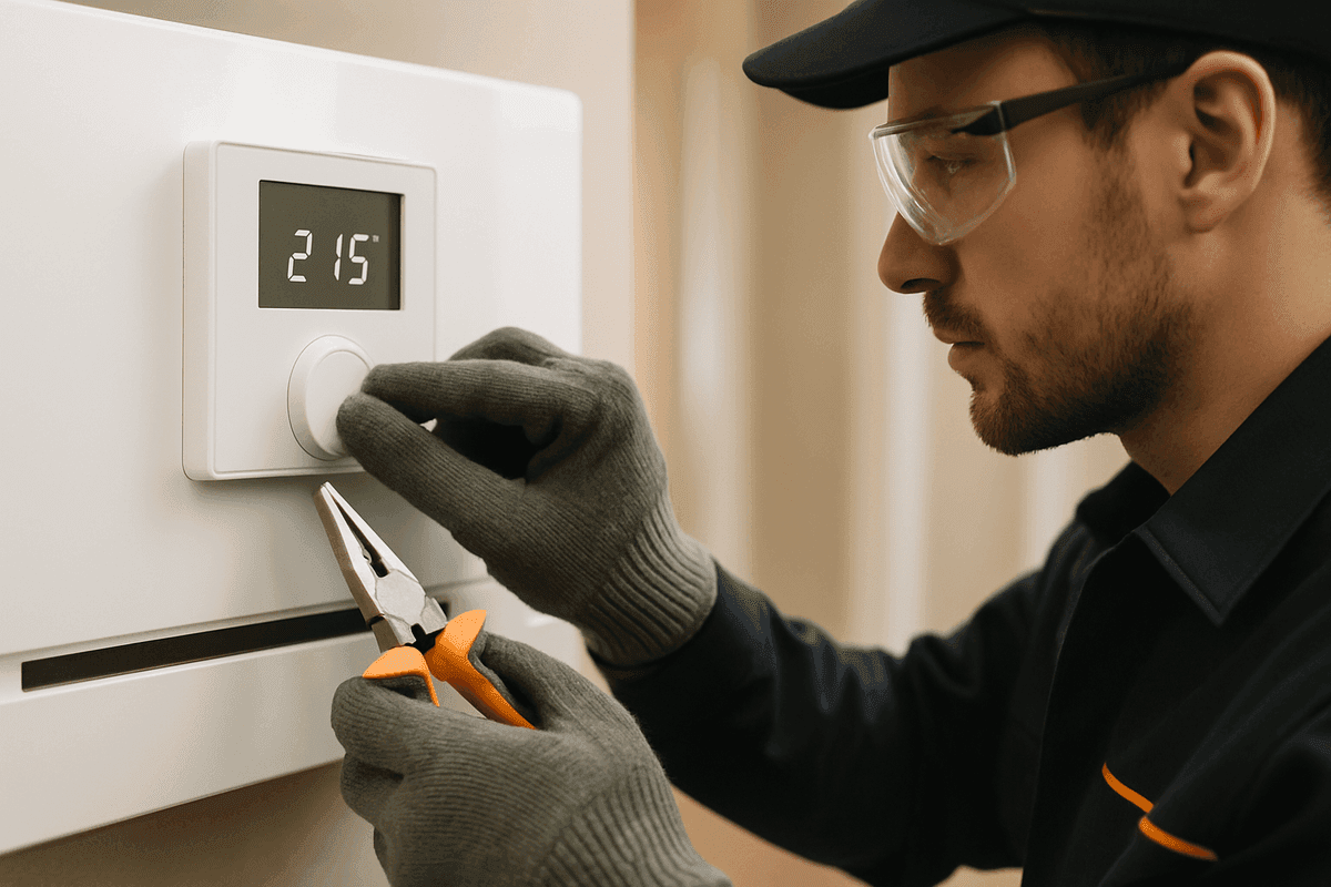 Close-up of HVAC technician’s gloved hands adjusting a thermostat on a residential wall unit in Mar-Mac